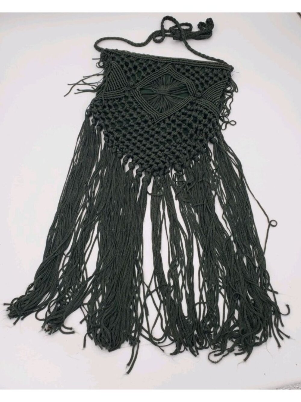 Macrame Lined Fringe Festival Bohemian Indie Forest Green Crossbody Bag FUN!!